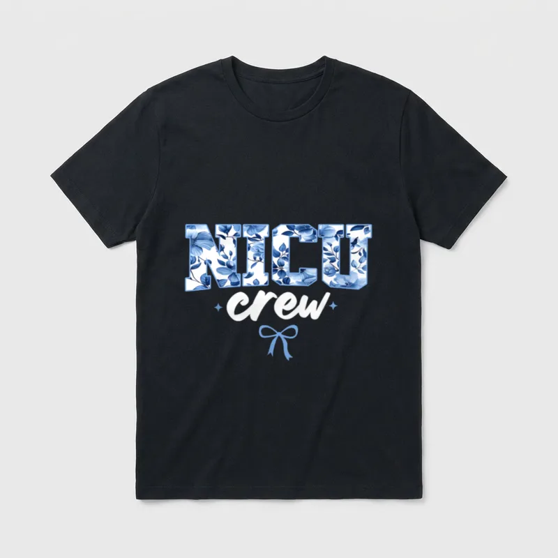 NICU Crew Nurse Celebrate T-Shirt – Floral NICU lettering with script crew and a blue ribbon bow – Classic T-Shirt in Black