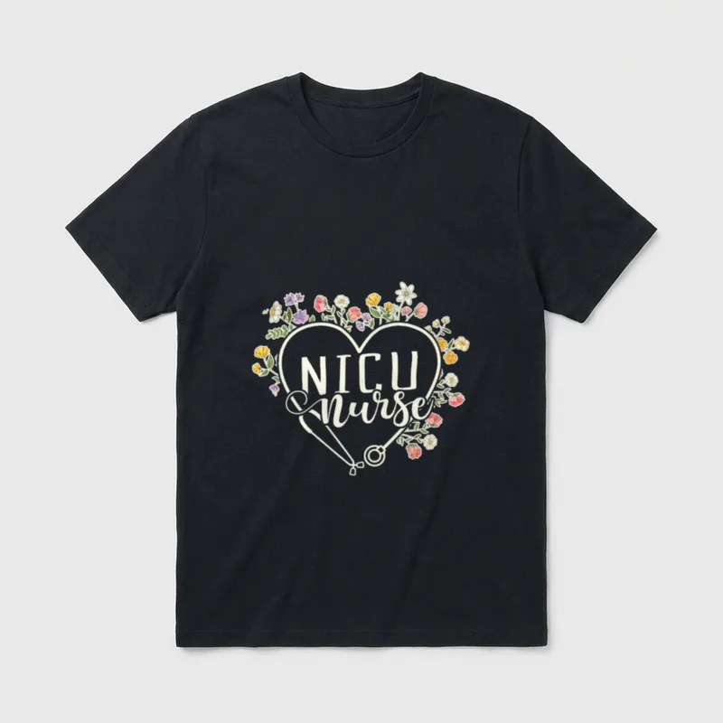 NICU Nurse Reads T-Shirt – Printed NICU Nurse lettering within a floral heart – Classic T-Shirt in Black