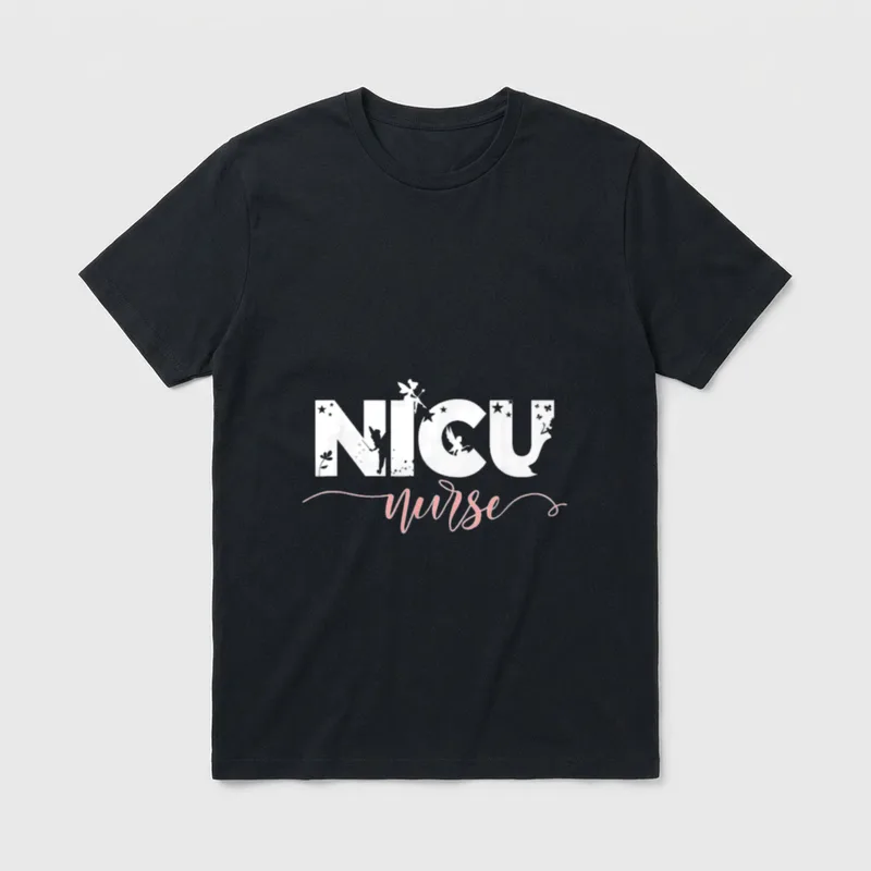 NICU Nurse Neonatal Outfit T-Shirt – The printed text NICU Nurse with fairy silhouettes – Classic T-Shirt in Black