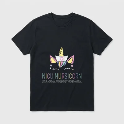 NICU Nurse Nursicorn T-Shirt – Unicorn horn, nurse cap, and NICU Nursicorn typography with stars – Classic T-Shirt in Black