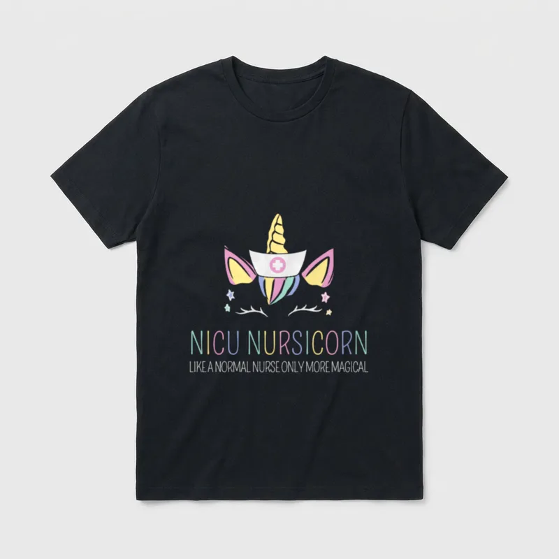 NICU Nurse Nursicorn T-Shirt – Unicorn horn, nurse cap, and NICU Nursicorn typography with stars – Classic T-Shirt in Black