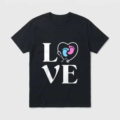 LOVE NICU Nurse T-Shirt – The word LOVE with a stethoscope heart and baby footprints – Classic T-Shirt in Black