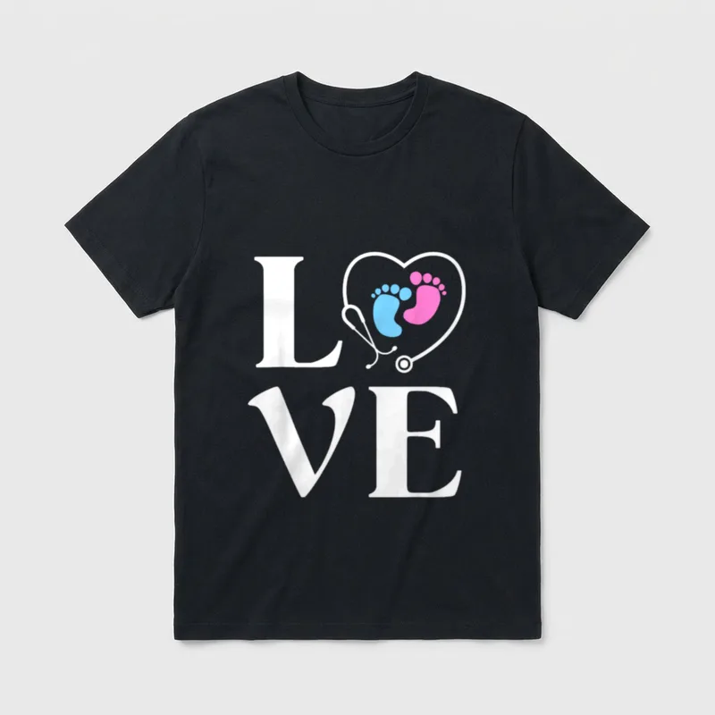 LOVE NICU Nurse T-Shirt – The word LOVE with a stethoscope heart and baby footprints – Classic T-Shirt in Black