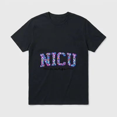 NICU Nurse Neonatal ICU Infant Newborn T-Shirt – Floral NICU lettering above cursive nurse script – Classic T-Shirt in Black