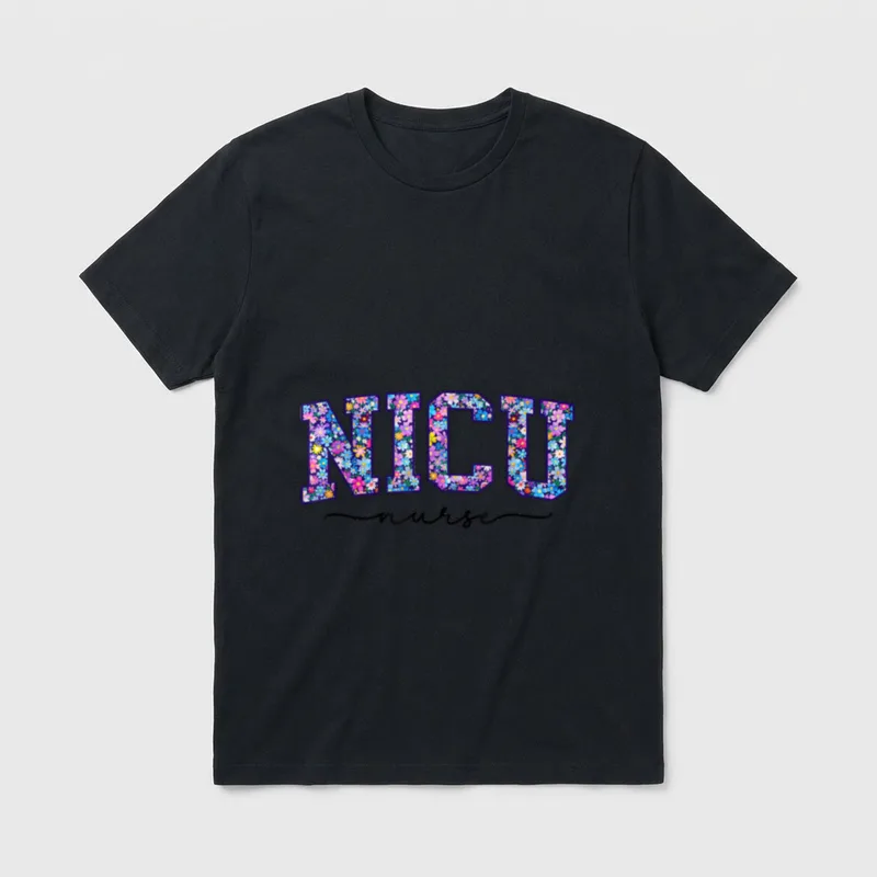 NICU Nurse Neonatal ICU Infant Newborn T-Shirt – Floral NICU lettering above cursive nurse script – Classic T-Shirt in Black