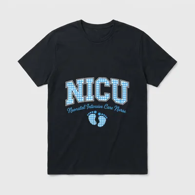 Cool NICU Nurse Art T-Shirt – NICU Neonatal Intensive Care Nurse lettering with baby footprints – Classic T-Shirt in Black