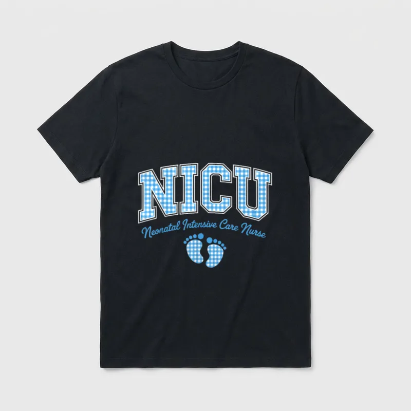 Cool NICU Nurse Art T-Shirt – NICU Neonatal Intensive Care Nurse lettering with baby footprints – Classic T-Shirt in Black