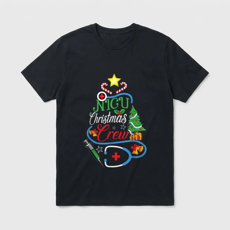 NICU Christmas Crew Stethoscope Neonatal Nursing T-Shirt – Classic T-Shirt in Black