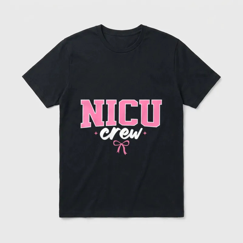 NICU Crew Nurse Journey T-Shirt – Pink collegiate NICU letters with cursive crew and a ribbon bow – Classic T-Shirt in Black