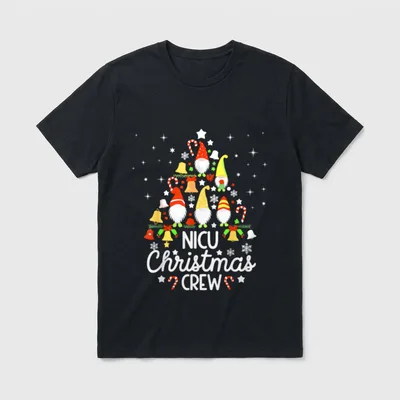 Neonatal Intensive Care Unit Xmas Nicu T-Shirt – Gnome holiday tree with text NICU Christmas CREW – Classic T-Shirt in Black