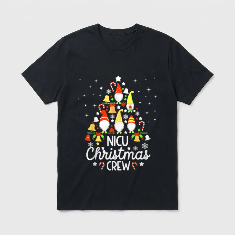 Neonatal Intensive Care Unit Xmas Nicu T-Shirt – Gnome holiday tree with text NICU Christmas CREW – Classic T-Shirt in Black