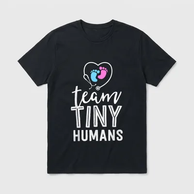 NICU Nurse Whispering T-Shirt – team TINY HUMANS under a stethoscope heart with baby footprints – Classic T-Shirt in Black