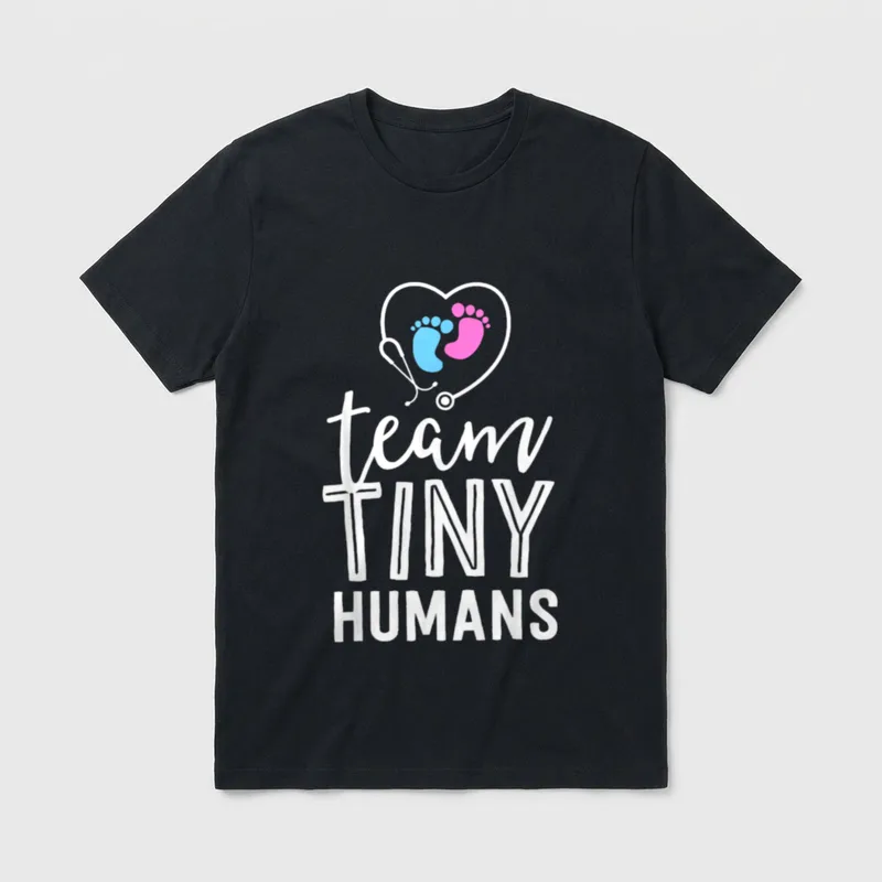 NICU Nurse Whispering T-Shirt – team TINY HUMANS under a stethoscope heart with baby footprints – Classic T-Shirt in Black
