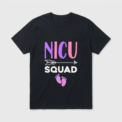 NICU Nurse Healthcare T-Shirt – Printed NICU SQUAD text with arrow and baby footprints – Classic T-Shirt in Black