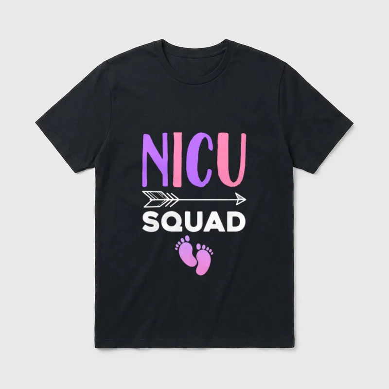 NICU Nurse Healthcare T-Shirt – Printed NICU SQUAD text with arrow and baby footprints – Classic T-Shirt in Black