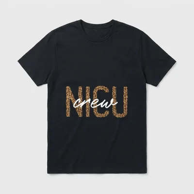 NICU Nurse Leopard Crew T-Shirt – Leopard print letters spelling NICU with cursive crew – Classic T-Shirt in Black