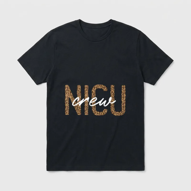 NICU Nurse Leopard Crew T-Shirt – Leopard print letters spelling NICU with cursive crew – Classic T-Shirt in Black