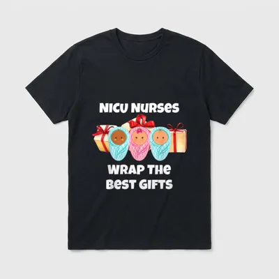 NICU Nurses Wrap T-Shirt – Swaddled babies with holiday gifts and decorative text – Classic T-Shirt in Black