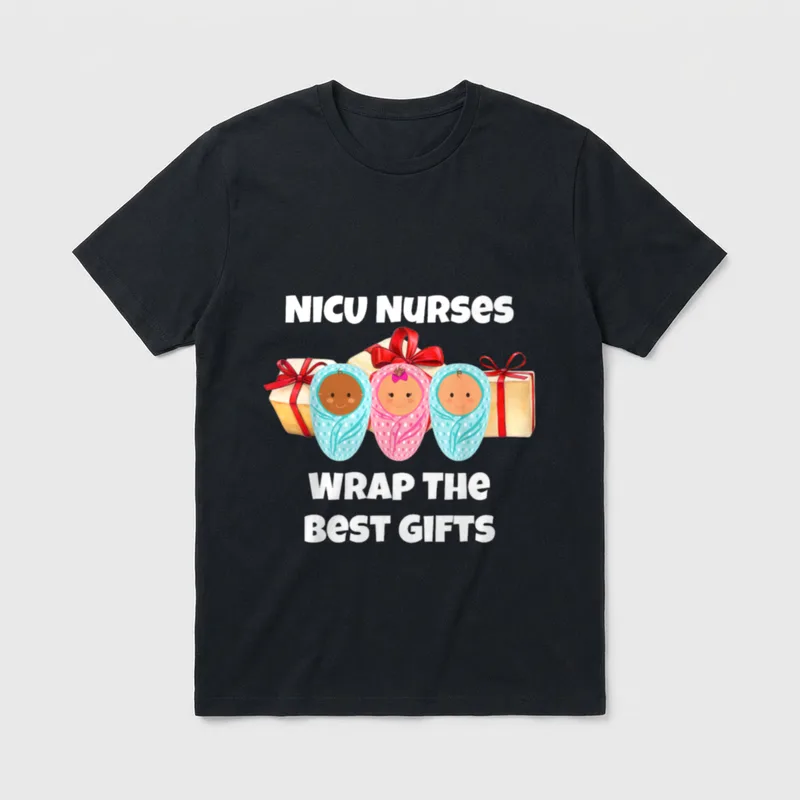 NICU Nurses Wrap T-Shirt – Swaddled babies with holiday gifts and decorative text – Classic T-Shirt in Black