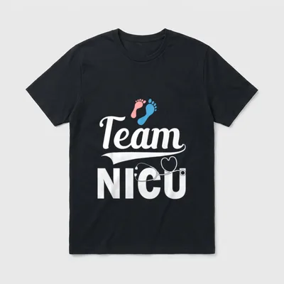 NICU Nurse Team Pediatric T-Shirt – Team NICU lettering with baby footprints and a stethoscope – Classic T-Shirt in Black