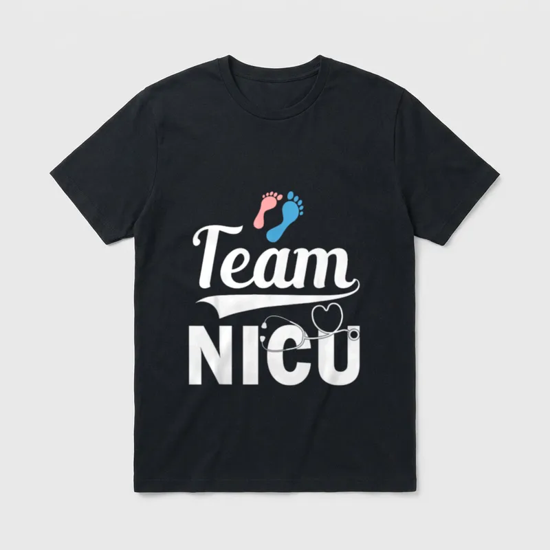 NICU Nurse Team Pediatric T-Shirt – Team NICU lettering with baby footprints and a stethoscope – Classic T-Shirt in Black