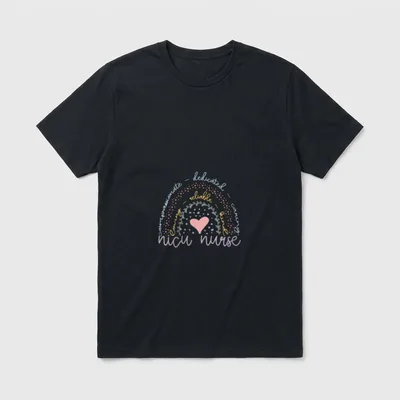 Cute Rainbow NICU Nurse T-Shirt – Pastel rainbow with a pink heart and nicu nurse lettering – Classic T-Shirt in Black
