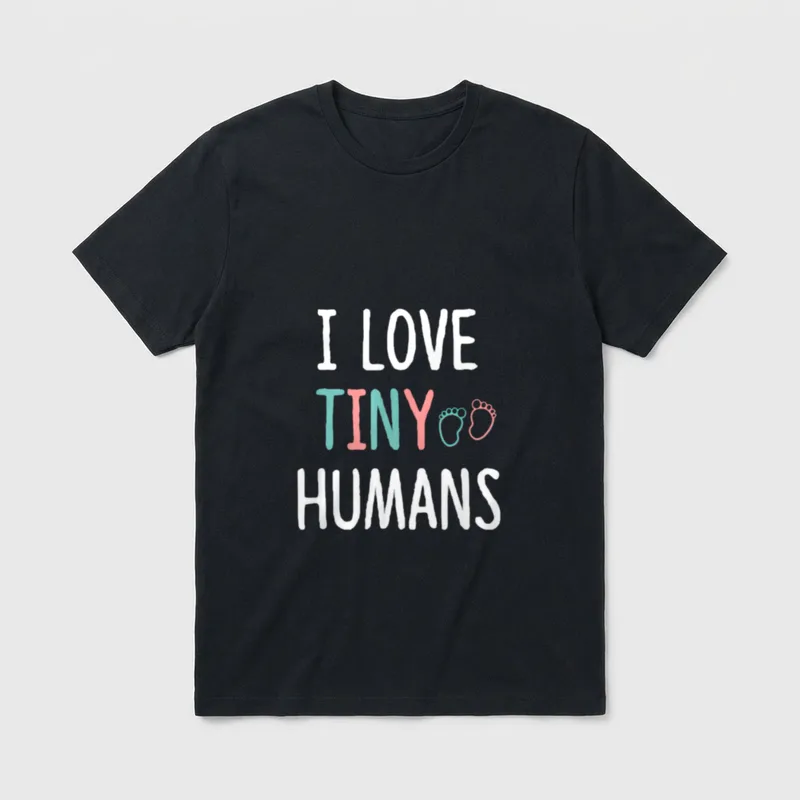 NICU Nurse Love Tiny Humans T-Shirt – I LOVE TINY HUMANS text with two small baby footprints – Classic T-Shirt in Black