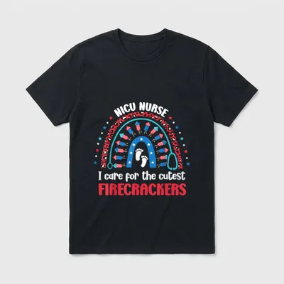 NICU Nurse 4th July I Care T-Shirt – NICU Nurse I care for the cutest firecrackers – Classic T-Shirt in Black