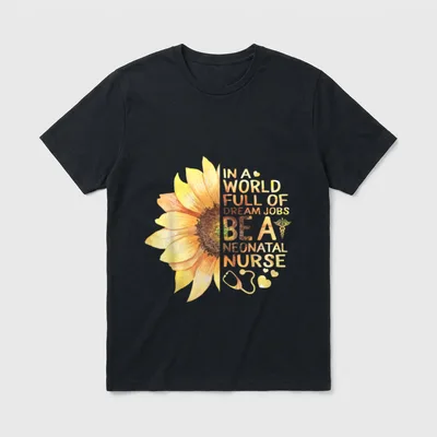 Nurses Week in a World Full T-Shirt – Watercolor sunflower with neonatal nurse lettering and icons – Classic T-Shirt in Black