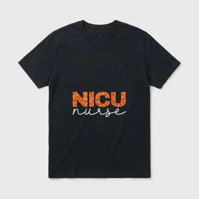 NICU Nurse Fall Leaves T-Shirt – Pumpkins autumn leaves and white script text reading NICU nurse – Classic T-Shirt in Black