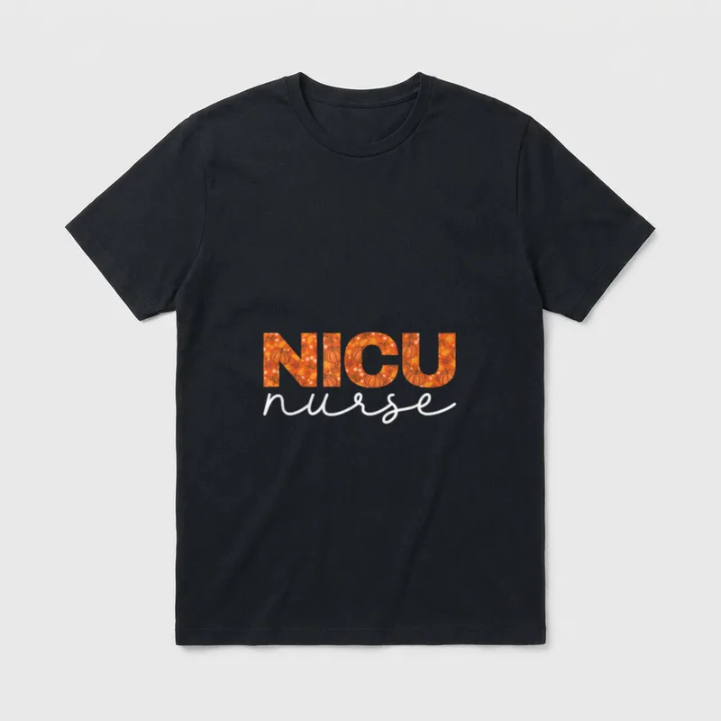 NICU Nurse Fall Leaves T-Shirt – Pumpkins autumn leaves and white script text reading NICU nurse – Classic T-Shirt in Black