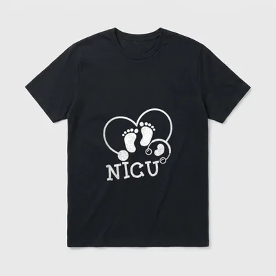 Nicu Nurse Happy T-Shirt – Heart shaped stethoscope with baby footprints and NICU lettering – Classic T-Shirt in Black