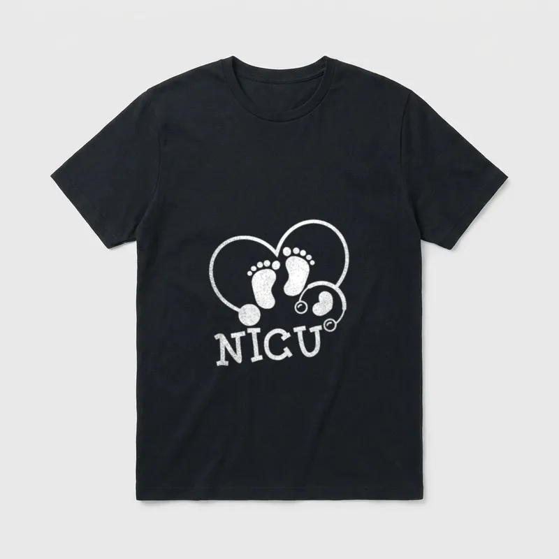 Nicu Nurse Happy T-Shirt – Heart shaped stethoscope with baby footprints and NICU lettering – Classic T-Shirt in Black