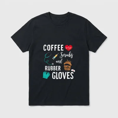 Medical Nurse Coffee T-Shirt – COFFEE Scrubs and RUBBER GLOVES with medical icons – Classic T-Shirt in Black