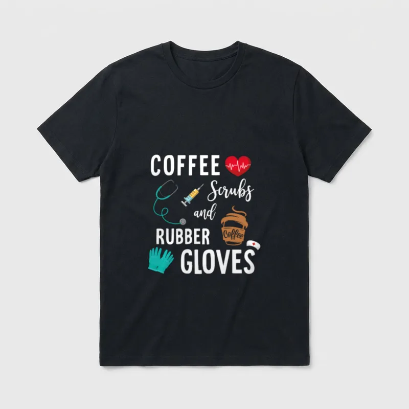 Medical Nurse Coffee T-Shirt – COFFEE Scrubs and RUBBER GLOVES with medical icons – Classic T-Shirt in Black