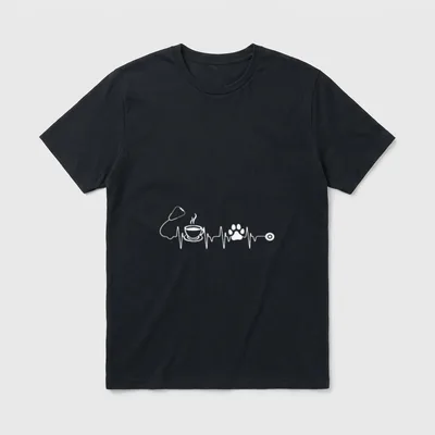 Nurse Coffee Dog T-Shirt – Stethoscope pulse line with steaming coffee cup and dog paw print – Classic T-Shirt in Black