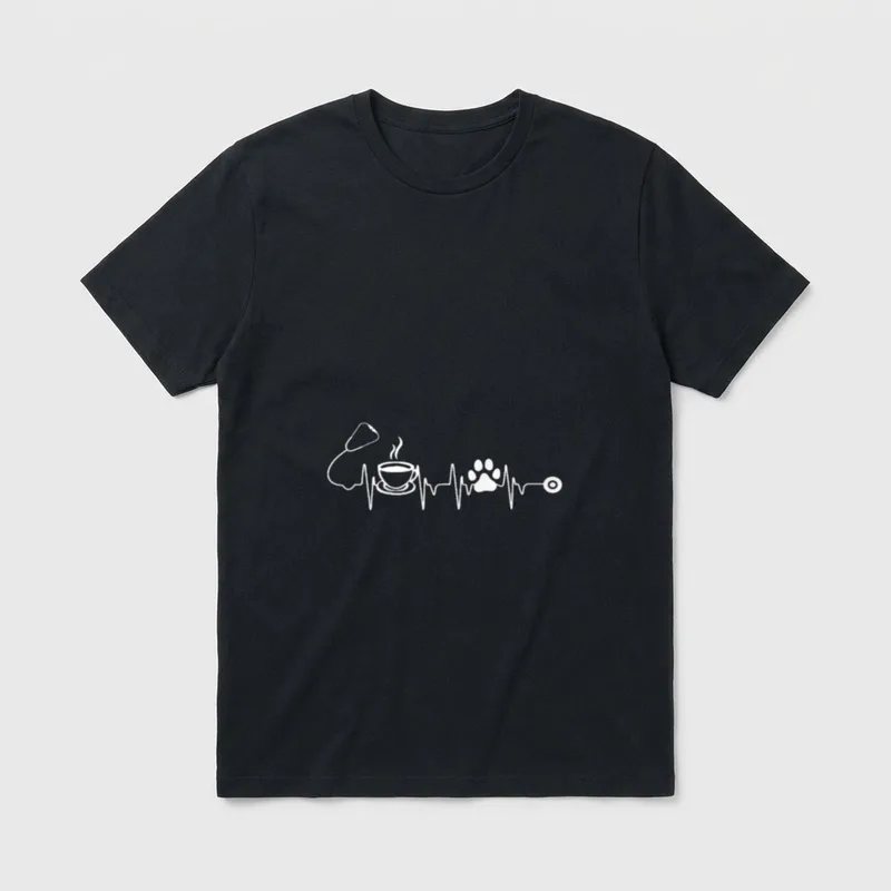 Nurse Coffee Dog T-Shirt – Stethoscope pulse line with steaming coffee cup and dog paw print – Classic T-Shirt in Black