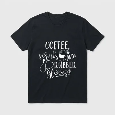 Nurse Life Coffee T-Shirt – COFFEE, scrubs AND RUBBER gloves text with coffee cup and stethoscope – Classic T-Shirt in Black