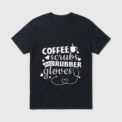 Design Lightweight T-Shirt – “COFFEE scrubs AND RUBBER gloves” text with mug and stethoscope – Classic T-Shirt in Black