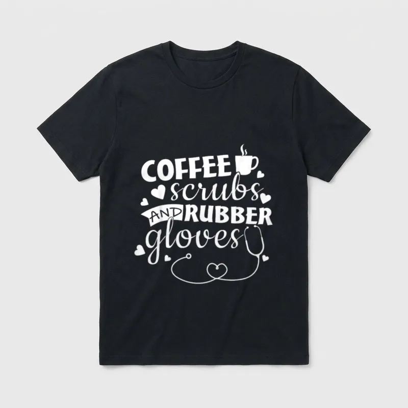 Design Lightweight T-Shirt – “COFFEE scrubs AND RUBBER gloves” text with mug and stethoscope – Classic T-Shirt in Black