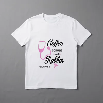 Funny Nurse Scrubs T-Shirt – Coffee SCRUBS and Rubber GLOVES print with pink stethoscope – Classic T-Shirt in Black