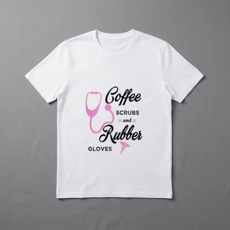 Funny Nurse Scrubs T-Shirt – Coffee SCRUBS and Rubber GLOVES print with pink stethoscope – Classic T-Shirt in Black