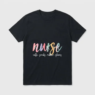 Nurse's Day Scrubs T-Shirt – NURSE lettering over coffe, scrubs, and rubber gloves script – Classic T-Shirt in Black