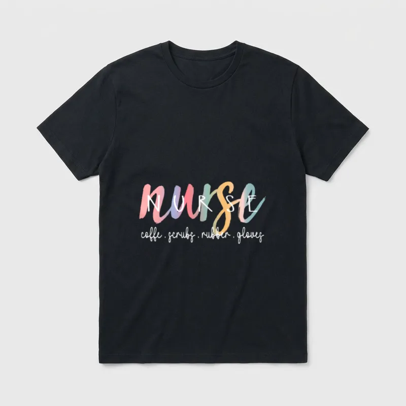 Nurse's Day Scrubs T-Shirt – NURSE lettering over coffe, scrubs, and rubber gloves script – Classic T-Shirt in Black