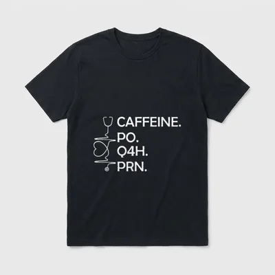 Caffeine Po Q4h Prn T-Shirt – Stethoscope line and heart with CAFFEINE. PO. Q4H. PRN. lettering – Classic T-Shirt in Black