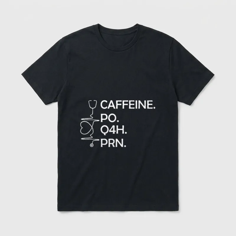 Caffeine Po Q4h Prn T-Shirt – Stethoscope line and heart with CAFFEINE. PO. Q4H. PRN. lettering – Classic T-Shirt in Black