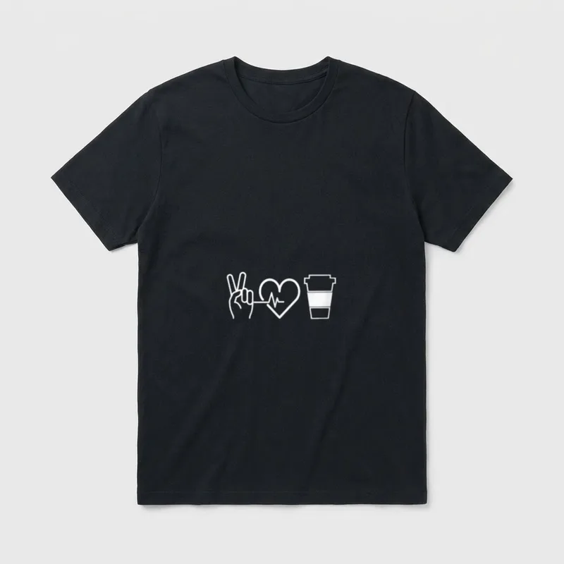 Peace Love and Coffee Nurse T-Shirt – Outline art of a peace sign, heartbeat heart, and coffee cup – Classic T-Shirt in Black