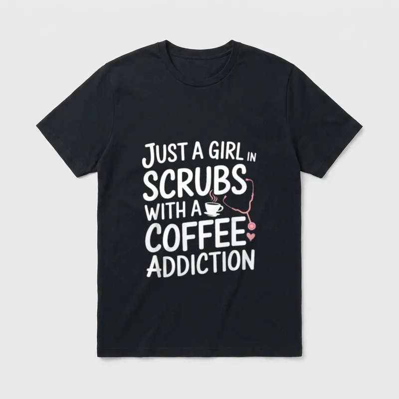 Nurse Life Scrubs and Coffee Humor T-Shirt – Just a Girl in Scrubs with a Coffee Addiction print – Classic T-Shirt in Black