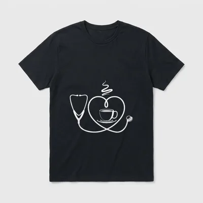 Coffee Nurse Funny Lover T-Shirt – Stethoscope curved into a heart around a steaming coffee cup – Classic T-Shirt in Black