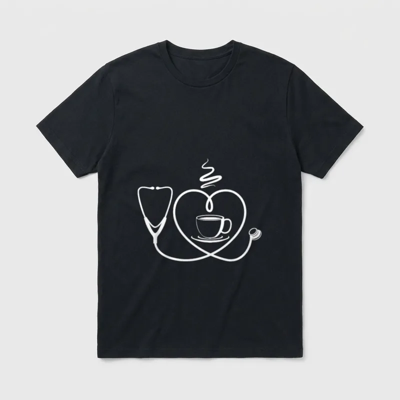 Coffee Nurse Funny Lover T-Shirt – Stethoscope curved into a heart around a steaming coffee cup – Classic T-Shirt in Black